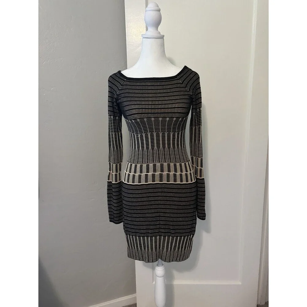 MAX STUDIO Knit Sweater Bodycon Dress XS Black Beige Mini Boat Neck Art Deco